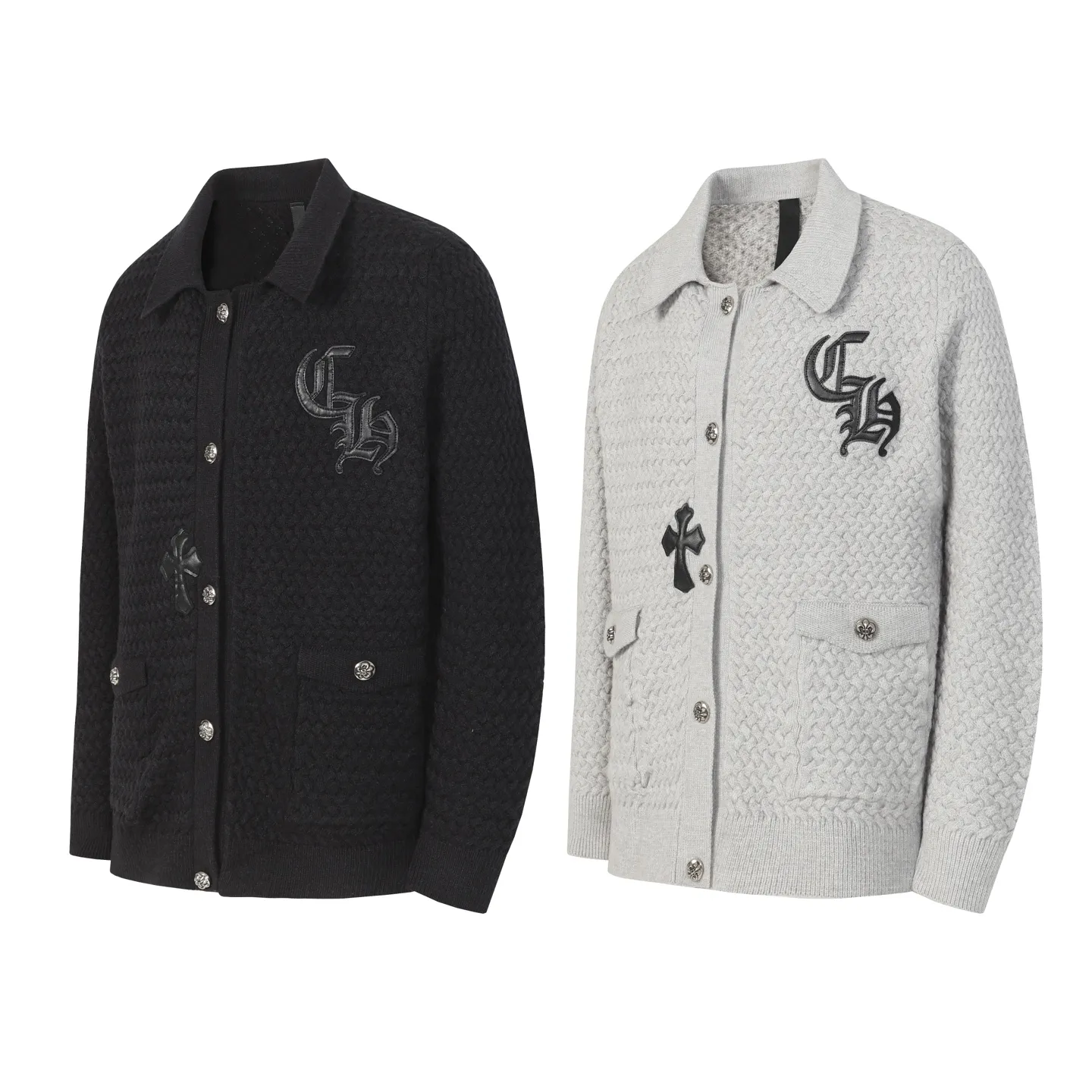 P300 #M904 - Chrome Hearts/Chrome Hearts Heavy Industry Sanskrit appliquéd embroidered cardigan knitted sweater - High weight, high density and high quality. The wool is soft, delicate and skin-friendly. It feels soft and silky. It has excellent warmth and skin-friendly properties. - Customized weaving and dyeing, no color difference. No matter the fabric or workmanship details, it is the ordinary version on the market. - Hardware zipper accessories are all customized, full of details -Colour: light gray black -Size: S M L XL